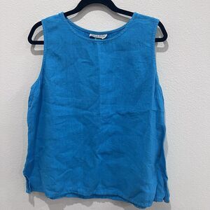 Match Point Sz L Blue Sleeveless V-Neck Pullover Linen Top Coastal Boho Beach